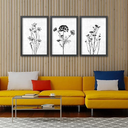 TQianJiang Flower Plant Wall Decor 24"x16" Black And White Botanical Painting Wood Framed Set of 3 Bedroom Office Abstract Wildflower Sign Hanging Art (Black)