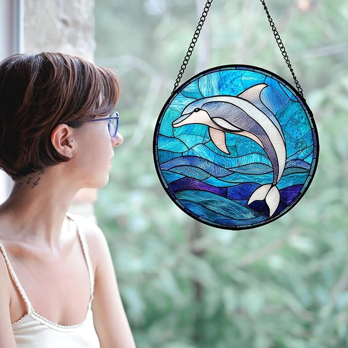 Stained Glass Suncatcher, Blue Ocean Dolphin Sun Catcher Marine Life Stain Glass Indoor Window Hanging Decoration Mother's Day Birthday Gifts for Women Men Mom and Nana 9.8 in