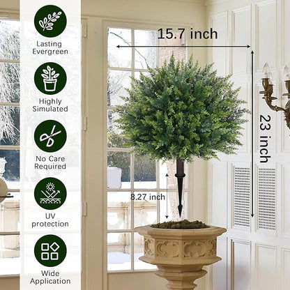 Waipfaru Artificial Plants Outdoor, 2Pcs 23'' Artificial Cedar Topiary with Ground Spike, UV-Resistant Fake Plants Fake Bushes Shrubs for Outdoor Indoor Garden Front Porch Decor