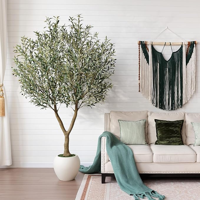 8FT Artificial Olive Tree - Realistic Tall Fake Plants with UV Resistant Leaves & Fruits,Faux Tree with Round White Pot,Perfect for Living Room,Office,Indoor/Outdoor Home House Decor,VN163