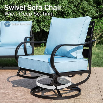 PHI VILLA 4 Piece Patio Furniture Sets for 5 Person with 1 x 3-Seat Deep Seating Bench, 2 x Cushioned Swivel Sofa Chairs & 1 x Coffee Table, Outdoor Metal Conversation Set for Lawn Garden, Light Blue