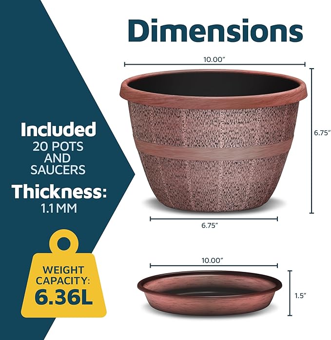 10-Inch Whiskey Barrel Planters Outdoor Pack of 20 - Durable Plastic Plant Pots for Indoor & Outdoor Use with Drainage & Saucer, Lightweight Rustic Barrel Planters for Flowers, Herbs & Small Plants