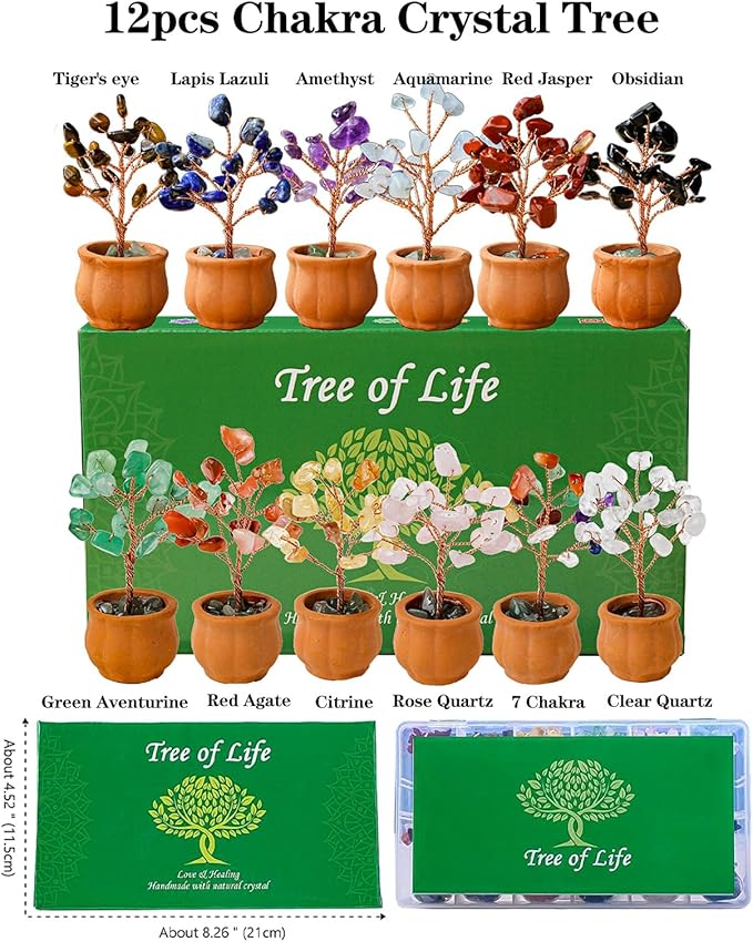 Runyangshi 12pcs Crystal Tree Set Tree of Life Natural Crystal Stones with Bonsai Base Gemstone Trees Fengshui Good Luck Positive Energy Home Decor
