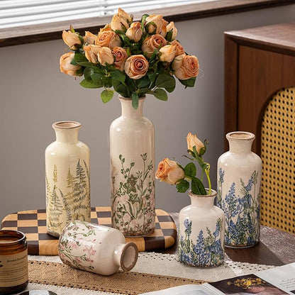 Ceramic Vase Set of 3, Vintage Green Floral Beige Vases, Rustic Chinoiserie Decorative Vases for Home Decor, Living Room, Kitchen, Wedding Gifts, Shelf Decor, Farmhouse Ceramic Vases for Home Decor