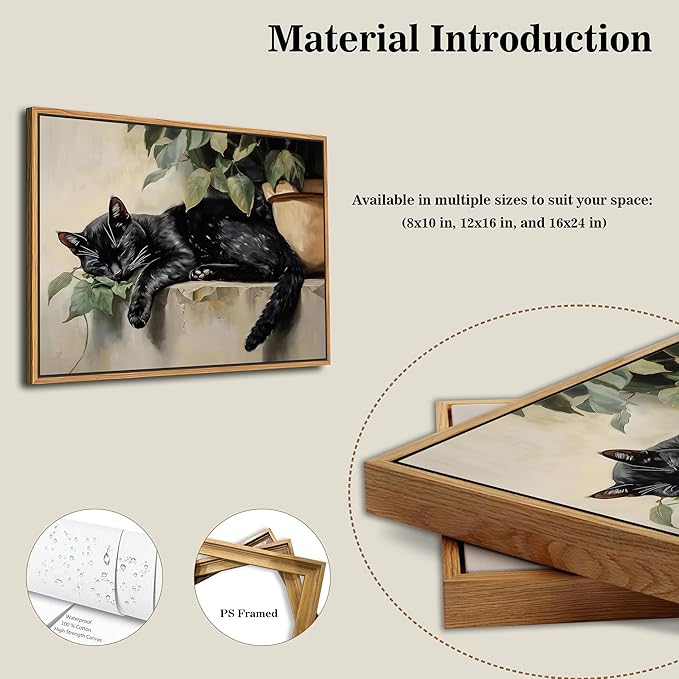 Floating Framed Black Cat Canvas Wall Art, Lazy Cute Cat Wall Decor Paintings, Vintage Animal Plant Prints Poster, Rustic Aesthetic Home Decor for Living room Bedroom Bathroom 12x16 inch