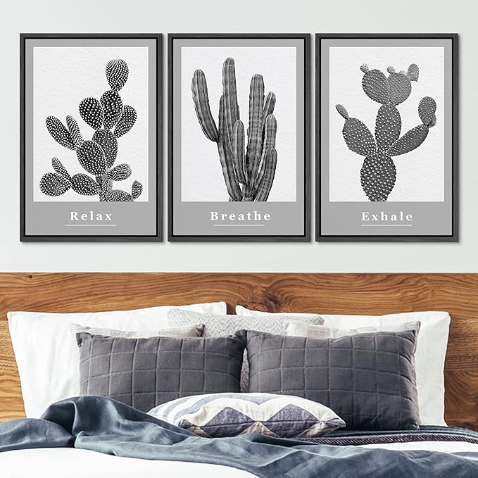 Ashbrook Framed Wall Art Print Set Black & White Grayscale Desert Succulents Nature Wilderness Photography Modern Art Boho Scenic Dramatic for Living Room, Bedroom, Office - 24"x36"x3 Black