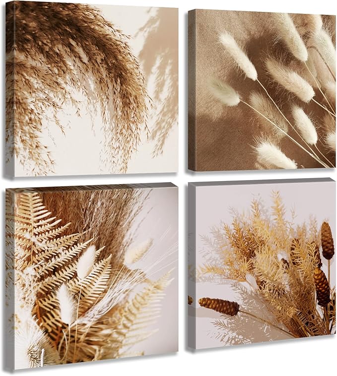 BLINFEIRU Boho Botanical Canvas Wall Art Prints Modern Neutral Fall Wall Decor Farmhouse Plant Dried Floral Grass Pictures for Bedroom Bathroom Decoration Home Living Room Artwork Framed 12"x12"x4