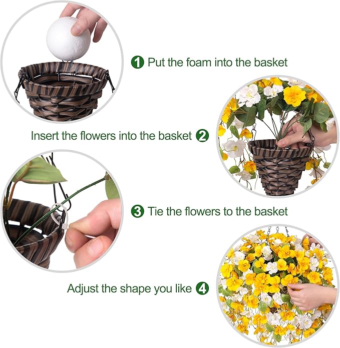HyeFlora Artificial Hanging Flower Baskets for Spring Decoration, Outdoor Fake Plant Faux Silk Hibiscus Long Vines in Planter UV Resistant Realistic Flowers for Outside Porch Patio Home Decor, Yellow