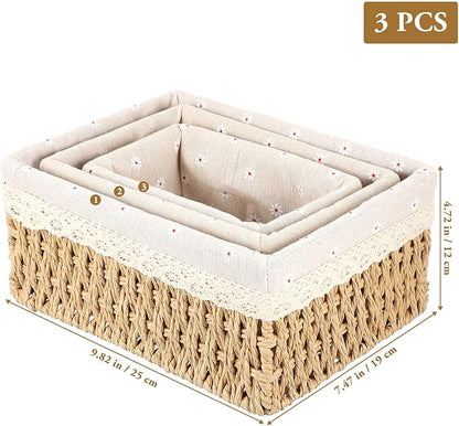 3pcs Woven Rattan Storage Basket for Desktop Organization Break-resistant Containers with Chic Beige Design for Home and Office Sundries Storage