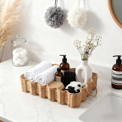 Scalloped Rattan Tray Basket,17"*12"*4" Super Hard Rectangle Hand Woven Wicker Serving Tray with Handles, Seagrass Decoratve Tray for Coffee Table (Rattan-Cream Color-17 * 12 * 4")