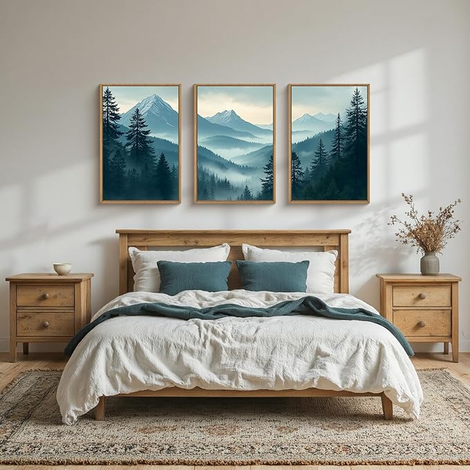 Large Misty Mountain Forest Framed Canvas Wall Art,Nature Pine Tree Wall Decor,Foggy Snow Woodland Painting,Watercolor Scenery Artwork for Living Room,Bedroom,Dining Room,Office -24"x36"x3