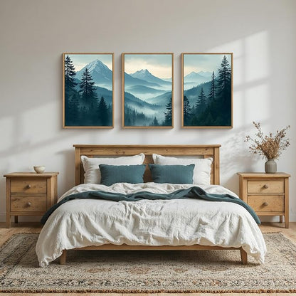 Large Misty Mountain Forest Framed Canvas Wall Art,Nature Pine Tree Wall Decor,Foggy Snow Woodland Painting,Watercolor Scenery Artwork for Living Room,Bedroom,Dining Room,Office -24"x36"x3