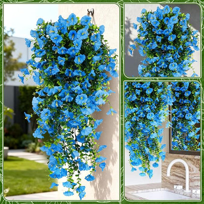 4-Pack Fake Hanging Plants, Faux Hanging Plant Artificial Greenery for Living Room Bedroom Boho Wall Shelf Indoor Outdoor Decor (Blue Morning Glory)