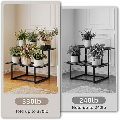 Metal Plant Stand Indoor, Outdoor Iron Plant Shelf, Heavy Duty Slatted Display Shelf for Patio Balcony Garden Living Room Load Bearing 330 LB 26" L x 20.2" H x 17.7" W 2 Tier Black