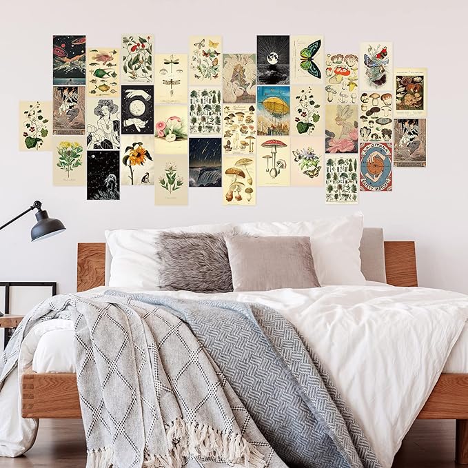 Containlol 60 Pcs Vintage Wall Collage Kit Maximalist Paintings Art Prints Botanical Illustration Tarot Aesthetic Vintage Prints Cards Photo Wall Collection Aesthetic Collage Dorm Bedroom Decor