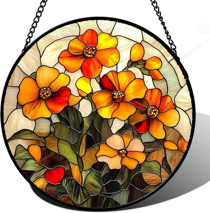 Stained Glass Window Hanging - Orange Marigolds Flowers Suncatcher for Door Garden Yard Sun Catchers Decor Christmas Mother's Day Birthday Gifts for Women Mom Nana Girlfriend Men 9.8 in