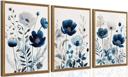 DUWQU 3 Pcs Blue Floral Canvas Wall Art, Wood Framed Navy Blue Wildflower Lily Daisy Wall Decor, Watercolor Botanical Flower Home Poster Art Prints for Living Room Bedroom Bathroom 16×24 Inches