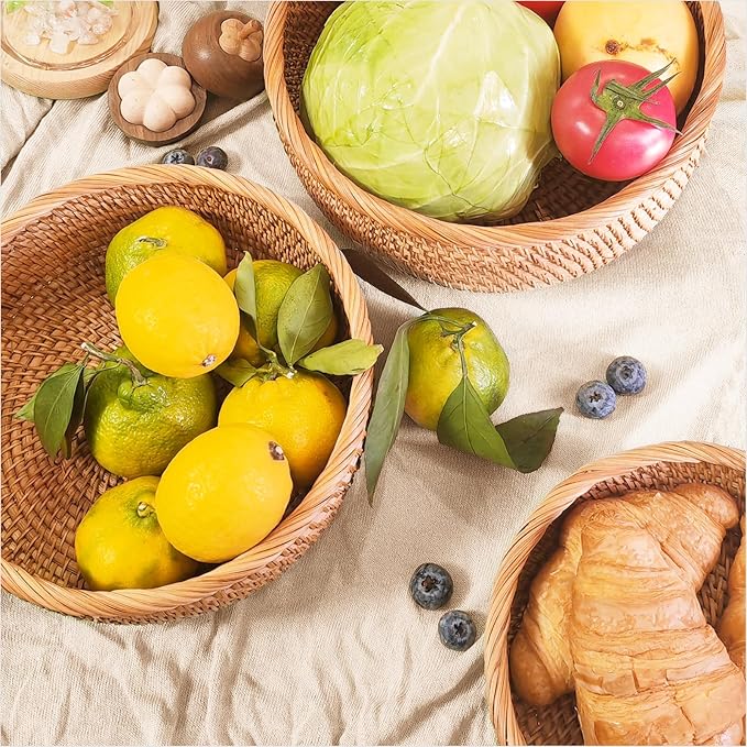 Rattan Bread Baskets for Serving, Hand Woven Food Baskets, Natural Wicker Fruit Basket for Kitchen Counter, Decorative Bread Baskets for Gifts, Snacks, Candies, Nuts, Keys, Wallets, etc.(Round-Combo)
