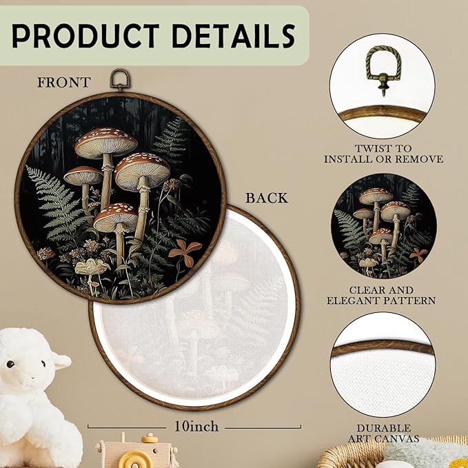 cvjutf Dark Cottagecore Mushroom Wall Art Framed, Witchy Mushrooms Round Wall Decor,Mushroom Kitchen Decor, Moody Farmhouse Botanical Canvas Prints Art for Bedroom Bathroom Living Room, 10x10 Inch