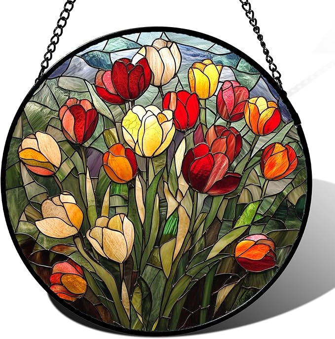 Stained Glass Window Hanging Wildflowers Tulips Large 11.8" - Flowers Suncatcher Door Garden Sun Catcher Home Decor Birthday Christmas for Mom Men Woman Friends Nana Wife
