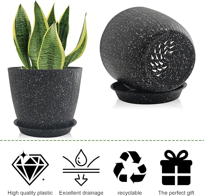 8/7/6 inch Plant Pots, 3 Pack Flower Pots for Outdoor Indoor Garden Plants, Large Planters with Multi Mesh Drainage Holes and Saucer (Speckled Black, 8"+7"+6")