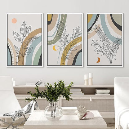 Ashbrook Framed Wall Art Print Set 1960s Retro Floral Forest Plant Silhouettes Abstract Nature Illustrations Modern Art Boho Colorful for Living Room, Bedroom, Office - 24"x36"x3 WHITE