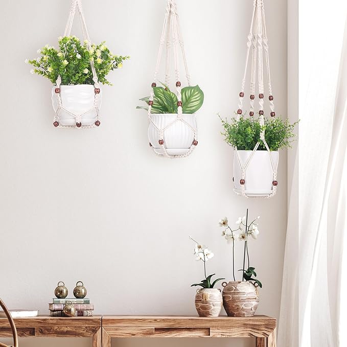 YIBOT 3 Pack Macrame Plant Hangers Indoor Different Size Hanging Planter Basket Flower Pot Holder with Beads No Tassels 35"/29"/23"(POTS NOT Included)