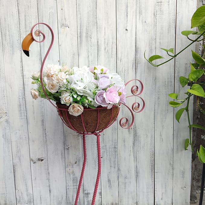 Metal Flamingo Planter with Basket -Garden Bird Planters for Outdoor Indoor Lawn,Yard,Porch,Patio, Garden Decorations（Set of 2）