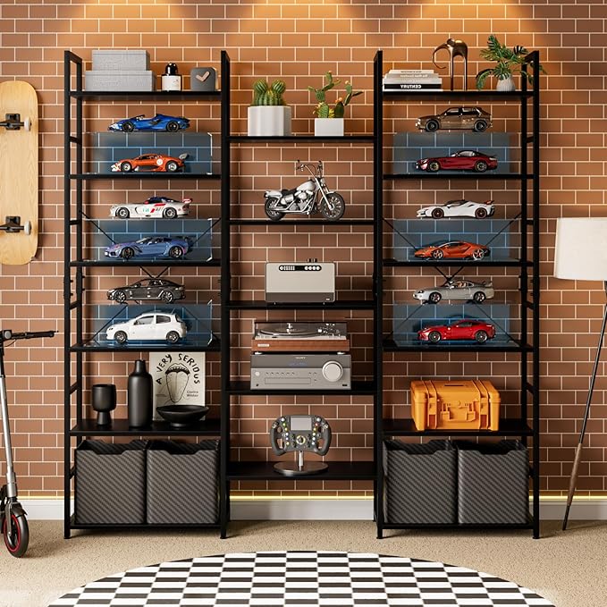 OTK Triple Wide 6 Tier Bookshelf, Rustic Industrial Style Bookcases with 14 Open Display Shelves, Wide Bookshelves for Bedroom, Living Room and Home Office, Black