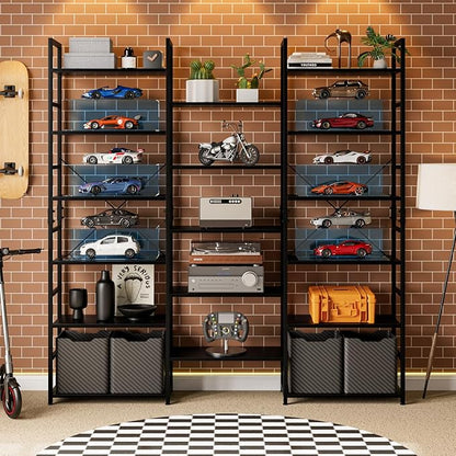 OTK Triple Wide 6 Tier Bookshelf, Rustic Industrial Style Bookcases with 14 Open Display Shelves, Wide Bookshelves for Bedroom, Living Room and Home Office, Black