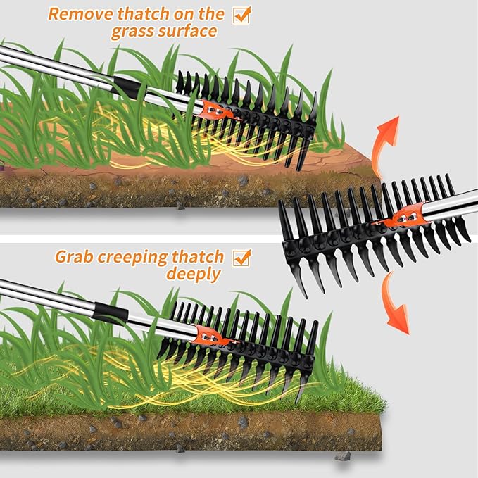 Thatch Rake for Lawns - 15” Wide Dethatcher Rake with Upgraded Dual-Action Tines & 57” Adjustable Handle, Heavy Duty Steel Garden Rake Includes Reusable Waste Bag and Gloves