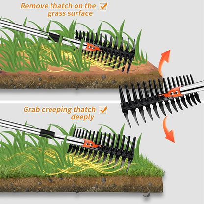 Thatch Rake for Lawns - 15” Wide Dethatcher Rake with Upgraded Dual-Action Tines & 57” Adjustable Handle, Heavy Duty Steel Garden Rake Includes Reusable Waste Bag and Gloves