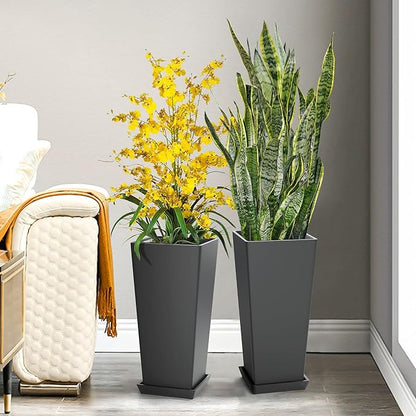 Set of 2 Tall Planters, 24" Large Indoor Outdoor Flower Pots with Tray, Modern Tapered Planters for Porch, Patio, Garden, Backyard