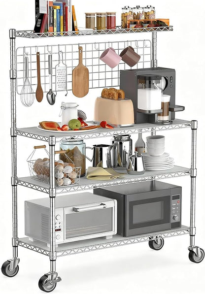 Leteuke Bakers Rack with Storage & Wheels, 42 Inch Microwave Stand Kitchen Shelves, 4-Tier Heavy Duty Storage Rack with 20 S-Hooks, Commercial Metal Utility Kitchen Cart, 42× 18× 63 Inch, Chrome