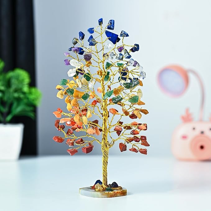 7 Chakra Tree of Life - Geode Agate Slice Base, Crystal Tree for Positive Energy, Feng Shui Decor - Gemstone Tree, Good Luck Money Bonsai, Healing Stones, Seven Chakra Tree, Spiritual Mystical Gift