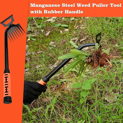 Portable Weed Removal Tool - 8-Prong Manganese Steel with Black Baked Rust-Proof Coating for Garden Lawn Farm, Non-Slip Rubber Handle