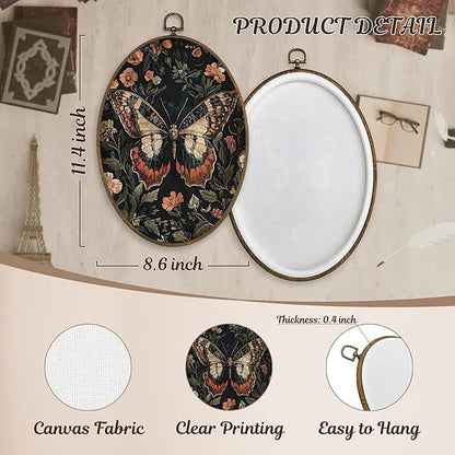 LKETW Vintage Butterfly Floral Oval Wall Art Decor, William Morris Cottagecore Butterfly Botanical Oval Canvas Hanging Decor, Moth Flower Wall Decorations for Home Bedroom Living Room, 8.6x11.4 Inch