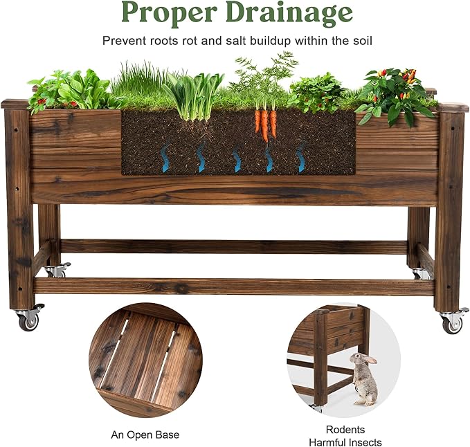 Cedar Wood Outdoor Raised Garden Bed Planter Box with Locking Wheels, 41x21x20 inch, Carbonization Color