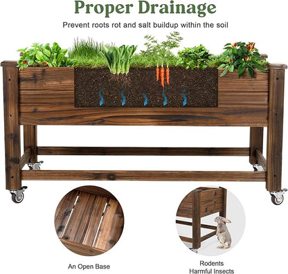 Cedar Wood Outdoor Raised Garden Bed Planter Box with Locking Wheels, 41x21x20 inch, Carbonization Color