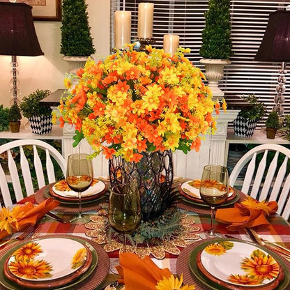 Uieke 12 Bundles Artificial Flowers for Outdoors UV Resistant Fake Daisy Mums Flowers Bulk No Fade Greenery Shrubs for Outside Home Wedding Window Box Garden Porch Fall Décor (Orange Yellow)