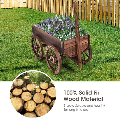 S AFSTAR Wooden Wagon, Wood Flower Planter Pot Stand with 4 Wheels & Drainage Holes, Amish Wagon Planter, Rolling Pot Stand Wood Wagon for Outdoor Plants Garden Decorative Garden Planter, Brown