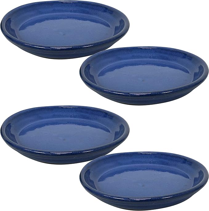 Sunnydaze 9-Inch Ceramic Plant Saucers - Plant Drip Trays for Outdoor Planter Flowerpot Drainage - Set of 4 - Imperial Blue