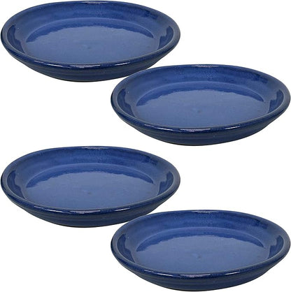 Sunnydaze 9-Inch Ceramic Plant Saucers - Plant Drip Trays for Outdoor Planter Flowerpot Drainage - Set of 4 - Imperial Blue