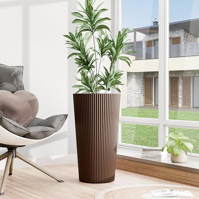 Tall Outdoor Planter Front Porch Decor Set of 2-23.6" H Tall Planters for Outdoor Plants with Drainage Hole, Round Conical Design Flower Pots for Indoor/Patio/Garden, Brown