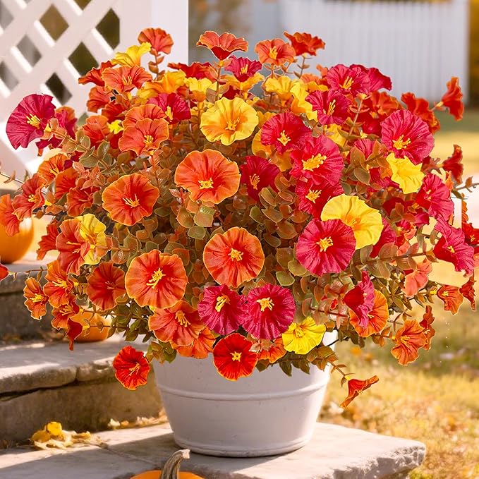 Artificial Fake Mums Fall Flowers for Outdoor Decorations, 12 Bundles Fake Flowers Artificial Plants Outdoor UV Resistant Plastic Faux Silk Flowers for Porch Planters Patio Garden