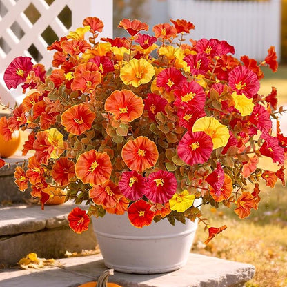 Artificial Fake Mums Fall Flowers for Outdoor Decorations, 12 Bundles Fake Flowers Artificial Plants Outdoor UV Resistant Plastic Faux Silk Flowers for Porch Planters Patio Garden