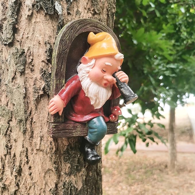 Gnome Open The Door Garden Decor Resin Tree Faces Decor Outdoor Fairy Garden Patio Lawn Porch (Red Telescope)
