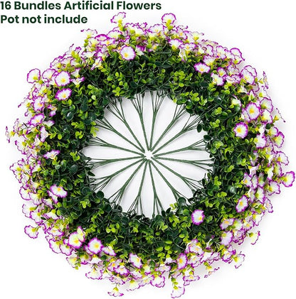 Artificial Faux Flowers for Outdoor 16 Bundles Boxwood Fake Morning Glory for Planter,UV Resistant Fake Flowers for Home Porch Patio Outside（Purple/White）