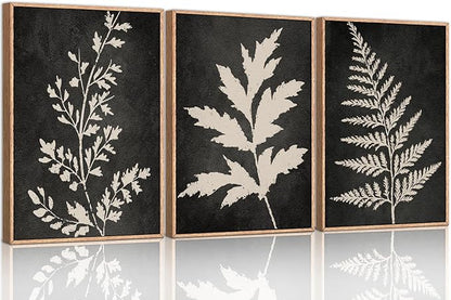 Ausril Black Tan Fern Leaf Framed Canvas Wall Art Set, Minimalist Botanical Wall Decor, Nature Fern Plant Silhouette Wall Painting, Modern Rustic Art Print for Living Room, Bedroom, Office -36"x24"x3