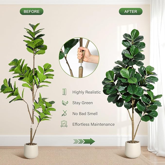 6 ft Fiddle Leaf Fig Tree Artificial with 108 Leaves - Realistic Faux Ficus Lyrata Trees in 9 in White Planter Pot, Indoor Fake Floor Plants for Home Office Living Room Decor, Housewarming Gift